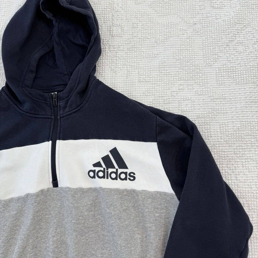Adidas Sweatshirt Hooded Quarter-Zip White/ Gray/ Navy Mens XL HR6093
